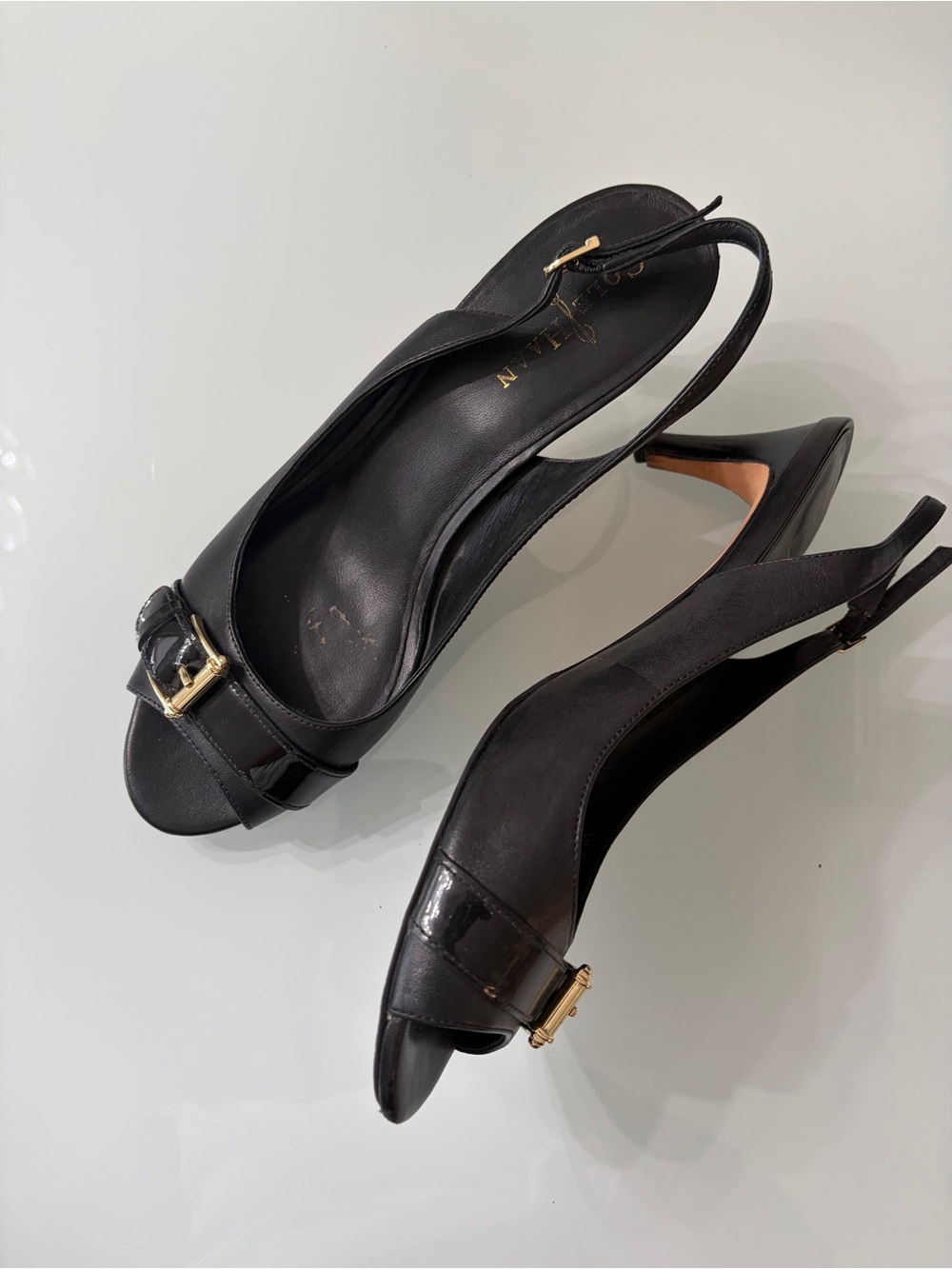 Cole Haan Black Leather Slingback Peep-Toe Heels with Gold Buckle Accent 9